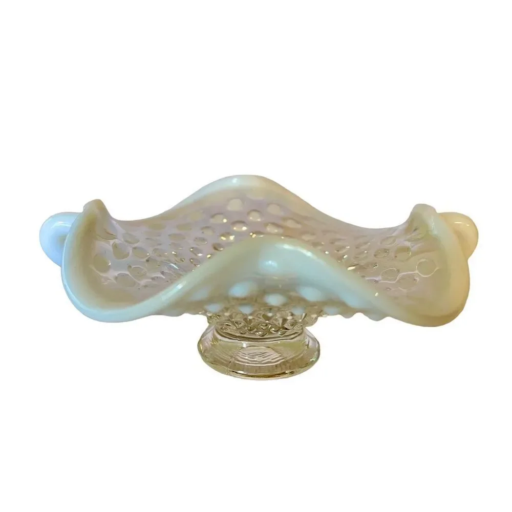 Vintage FENTON Art Glass Handles French Moonstone Opalescent Hobnail CANDY DISH